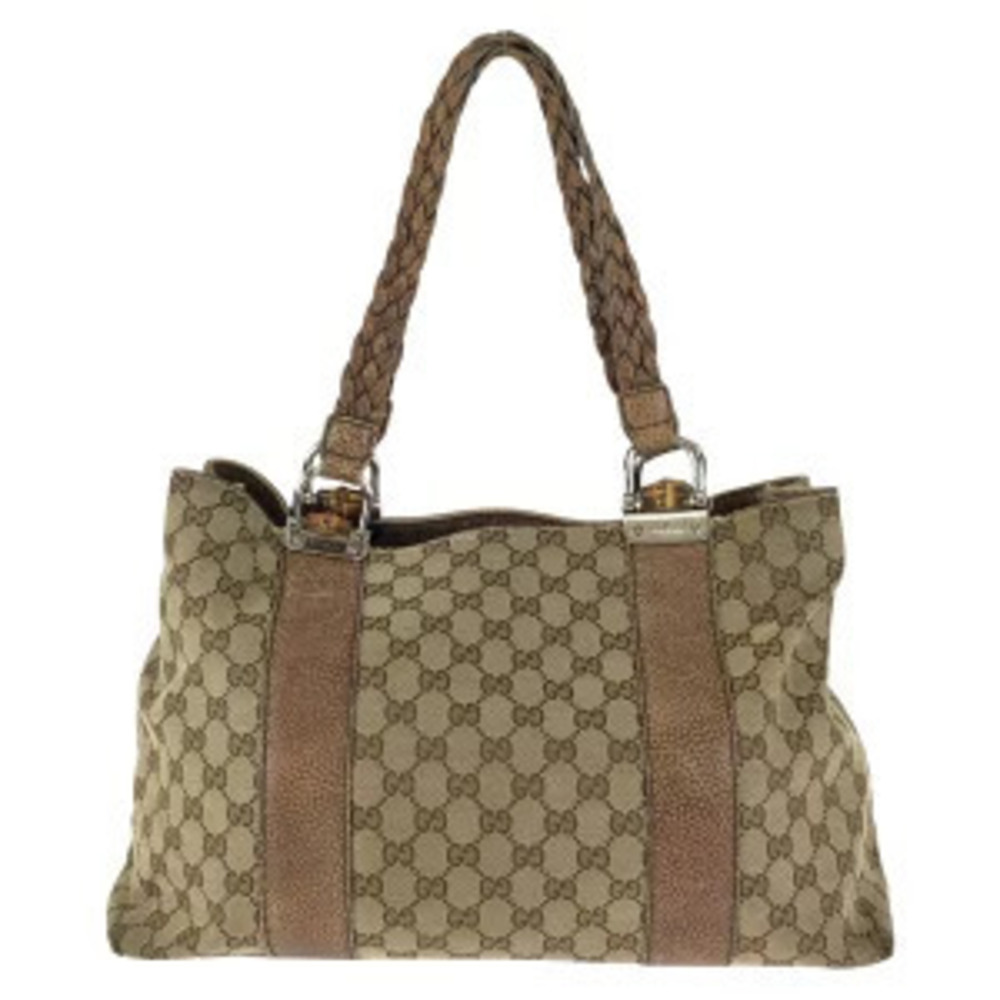 Gucci Brown Leather Bag GG Tote Canvas Bamboo Shoulder Beige Brown Tan